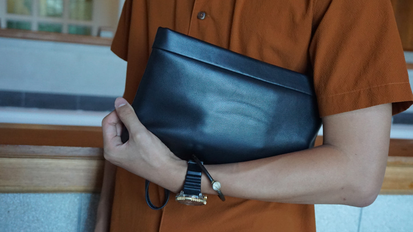 Genuine cowhide leather hand clutch with wrist strap