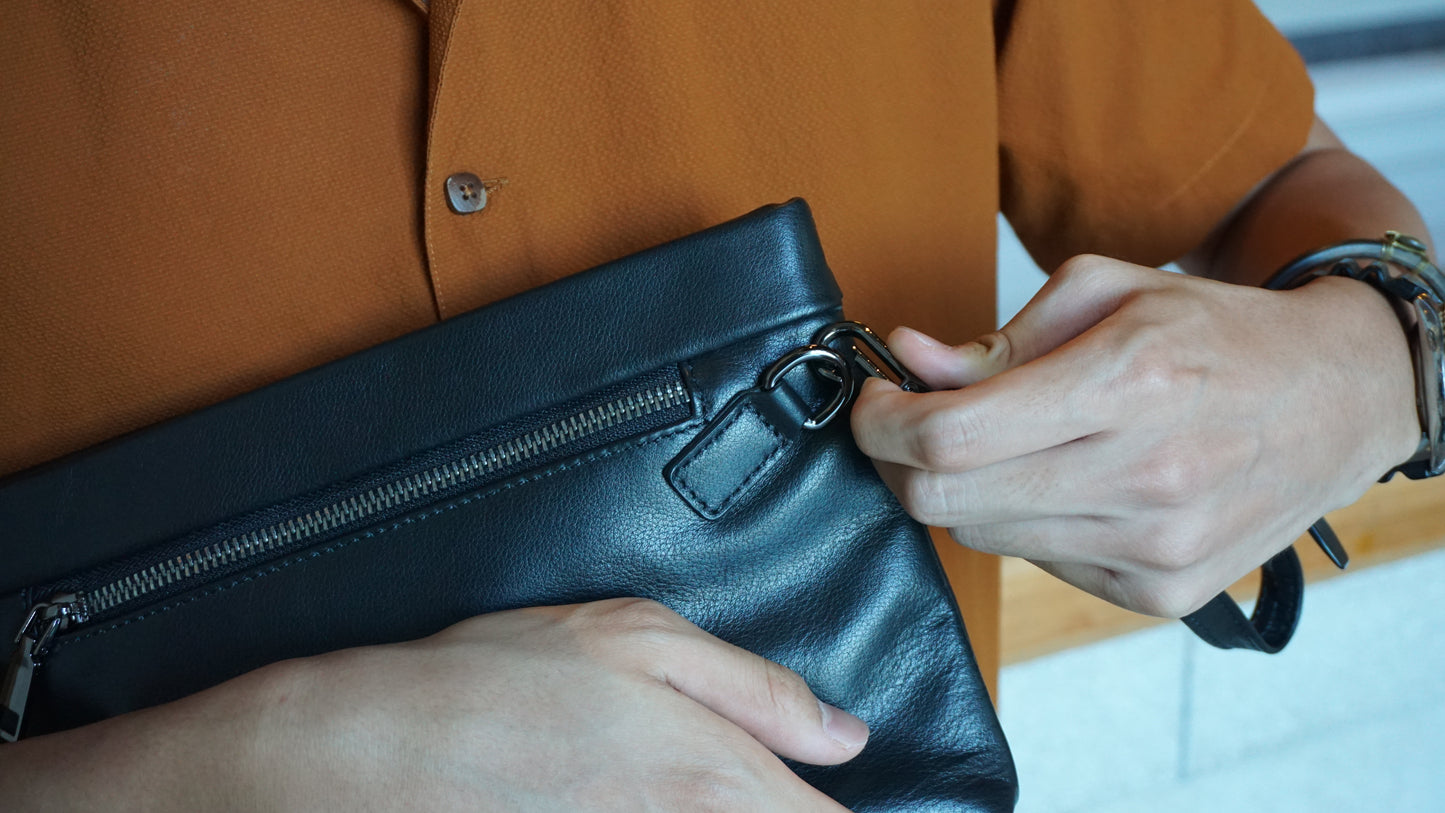 Genuine cowhide leather hand clutch with wrist strap