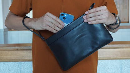 Genuine cowhide leather hand clutch with wrist strap