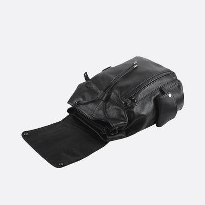 Drawstring flap design genuine cowhide leather backpack