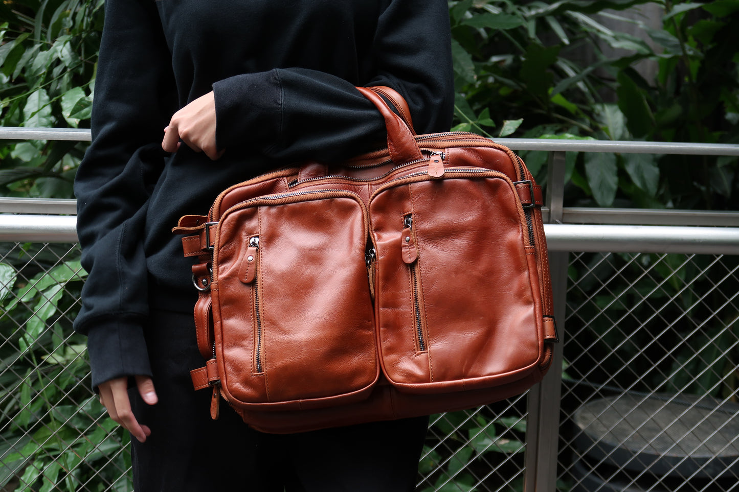 Genuine cowhide leather 3 in 1 backpack briefcase with sling