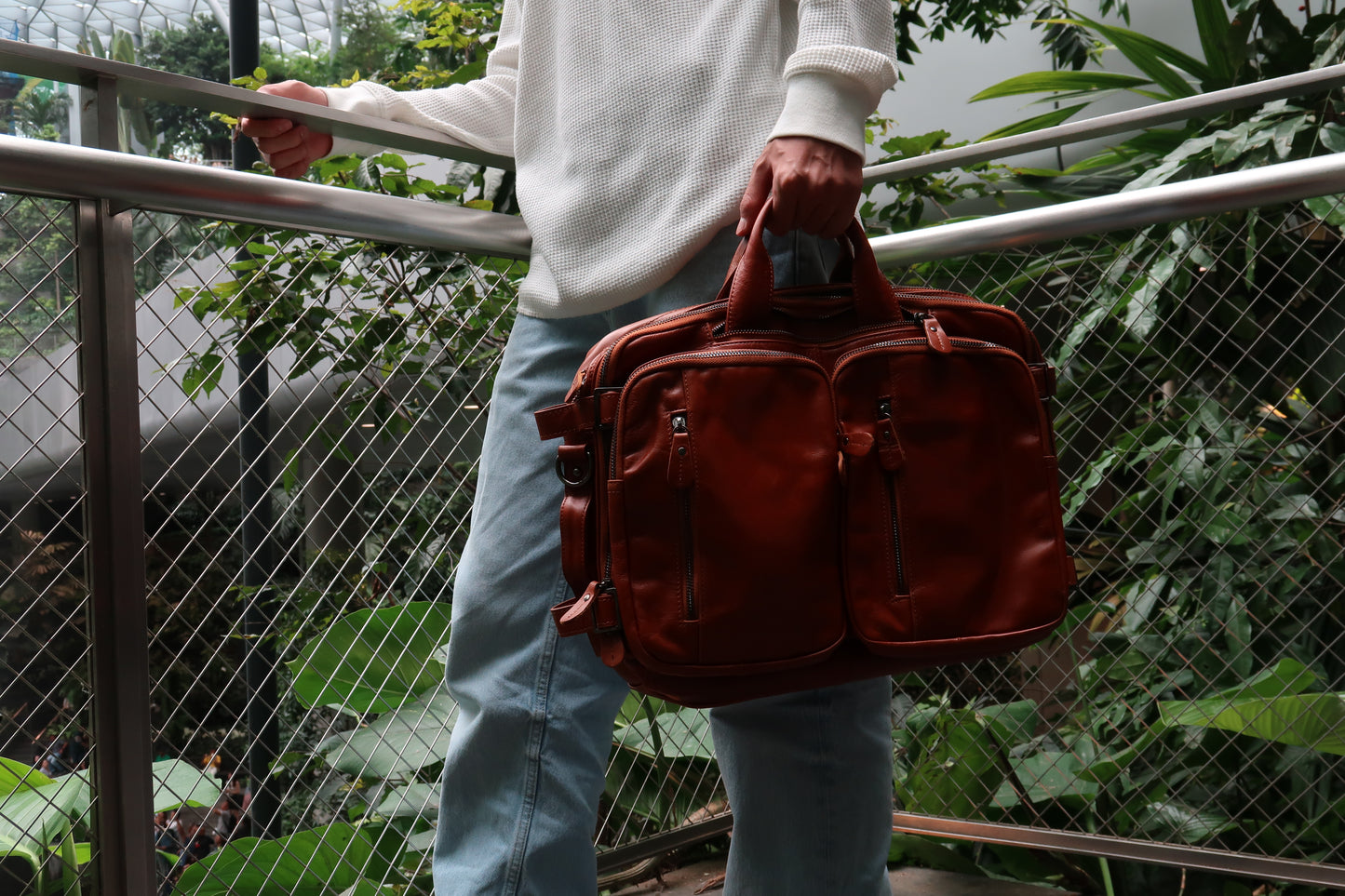 Genuine cowhide leather 3 in 1 backpack briefcase with sling