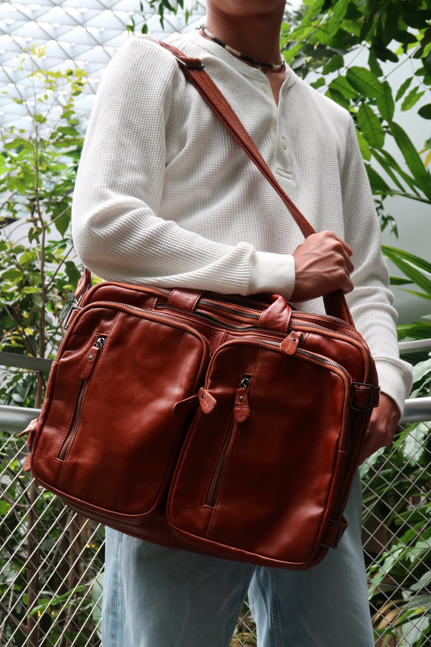 Genuine cowhide leather 3 in 1 backpack briefcase with sling