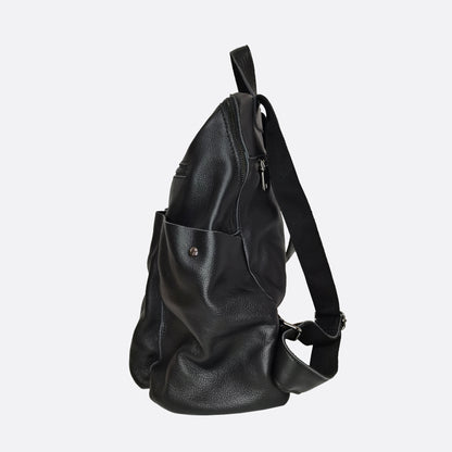Snap design genuine cowhide leather backpack with strap pouch