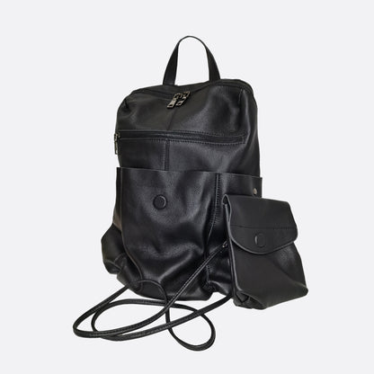 Snap design genuine cowhide leather backpack with strap pouch