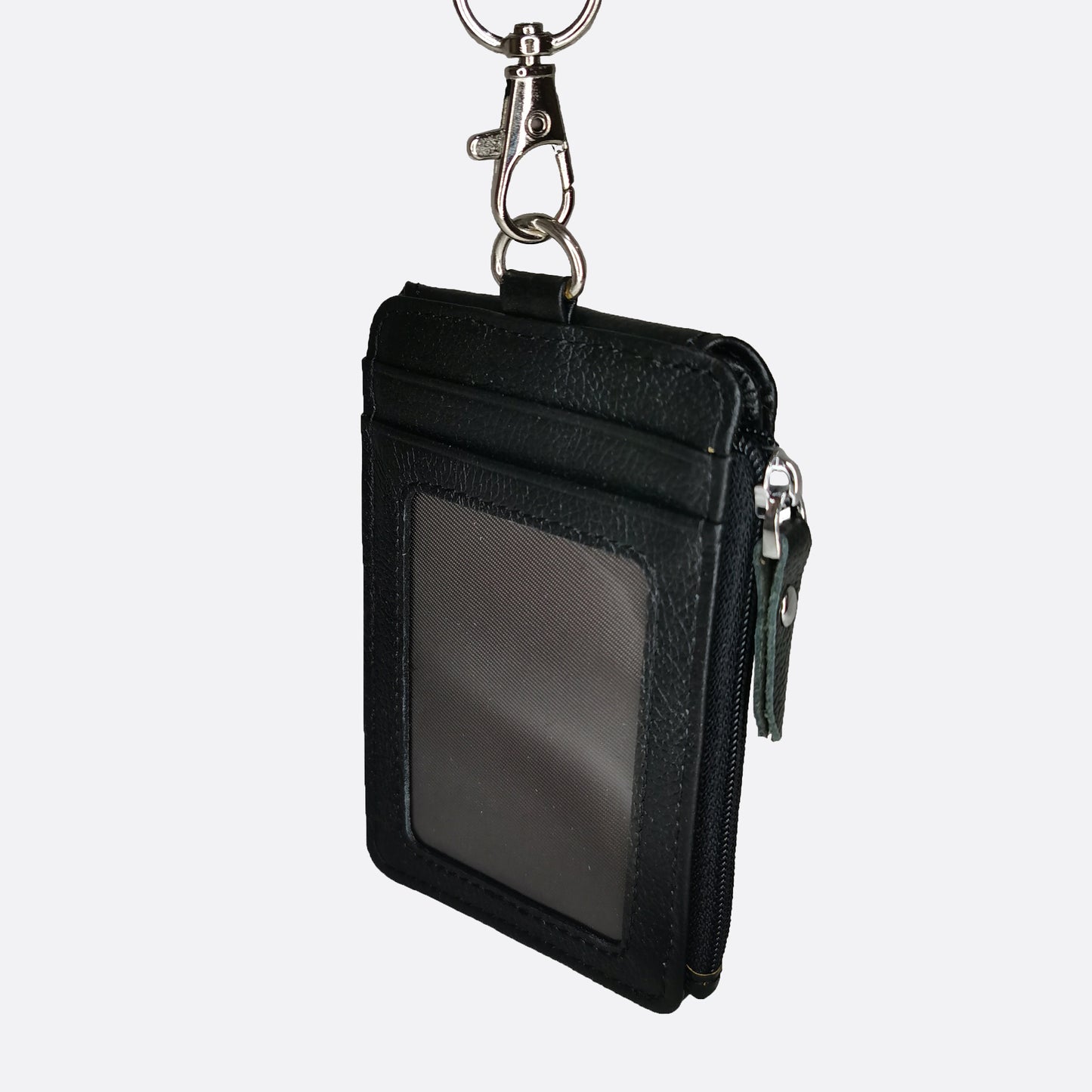 Flap design genuine cowhide leather lanyard with zip and RFID protection