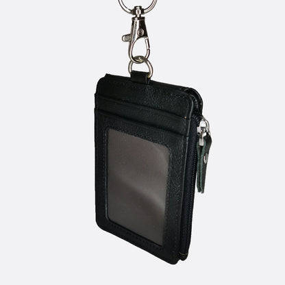 Flap design genuine cowhide leather lanyard with zip and RFID protection
