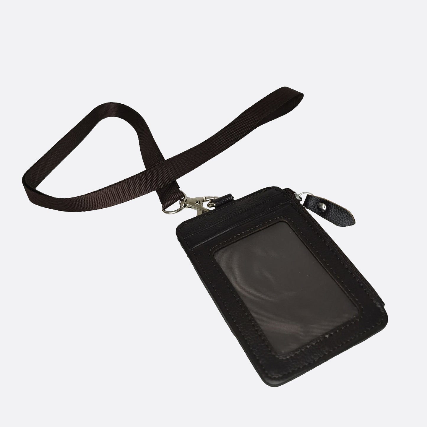 Flap design genuine cowhide leather lanyard with zip and RFID protection