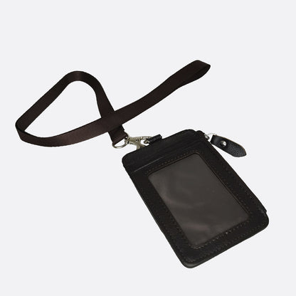 Flap design genuine cowhide leather lanyard with zip and RFID protection