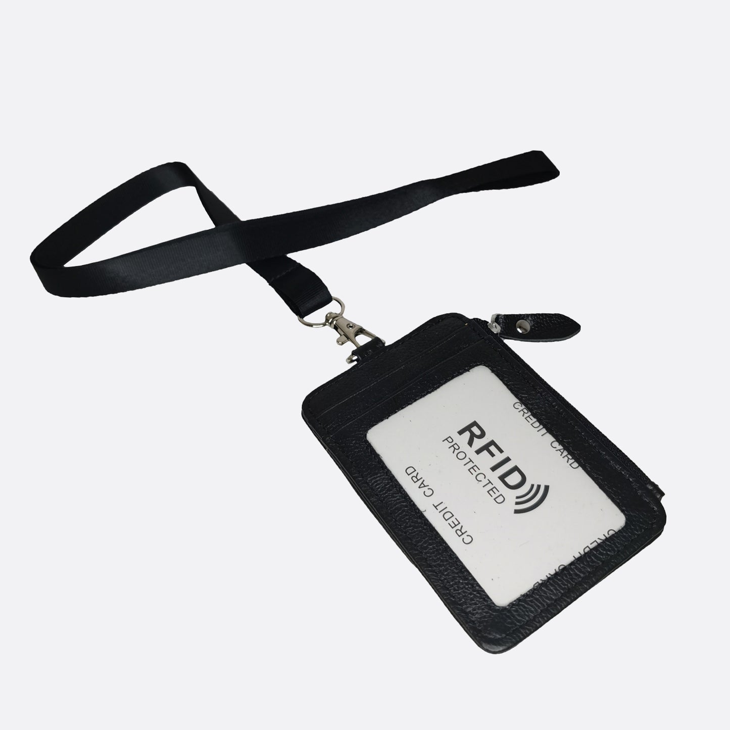 Flap design genuine cowhide leather lanyard with zip and RFID protection