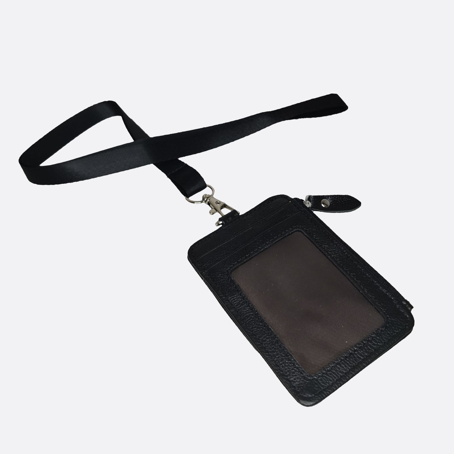 Flap design genuine cowhide leather lanyard with zip and RFID protection