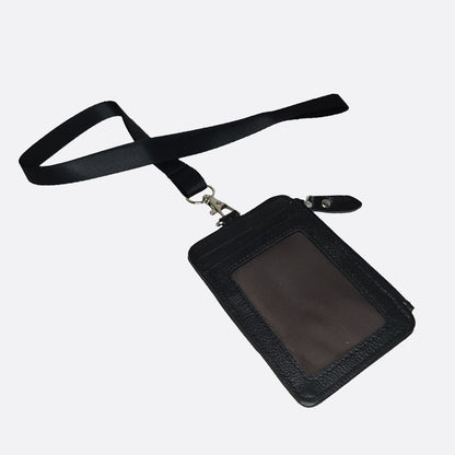 Flap design genuine cowhide leather lanyard with zip and RFID protection