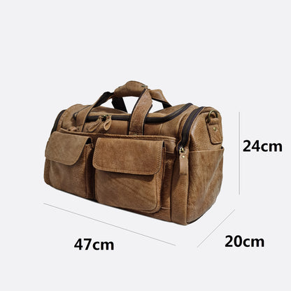 Poches design genuine cowhide leather duffel travel bag with strap