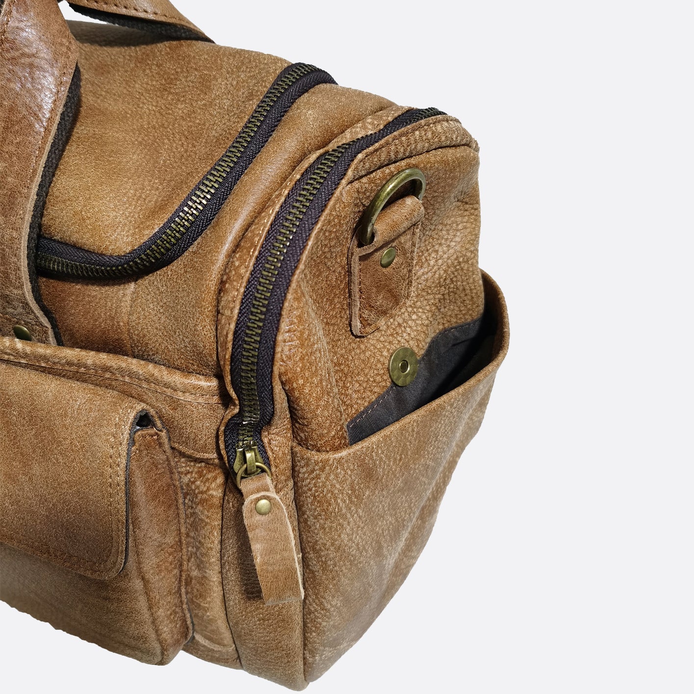 Poches design genuine cowhide leather duffel travel bag with strap