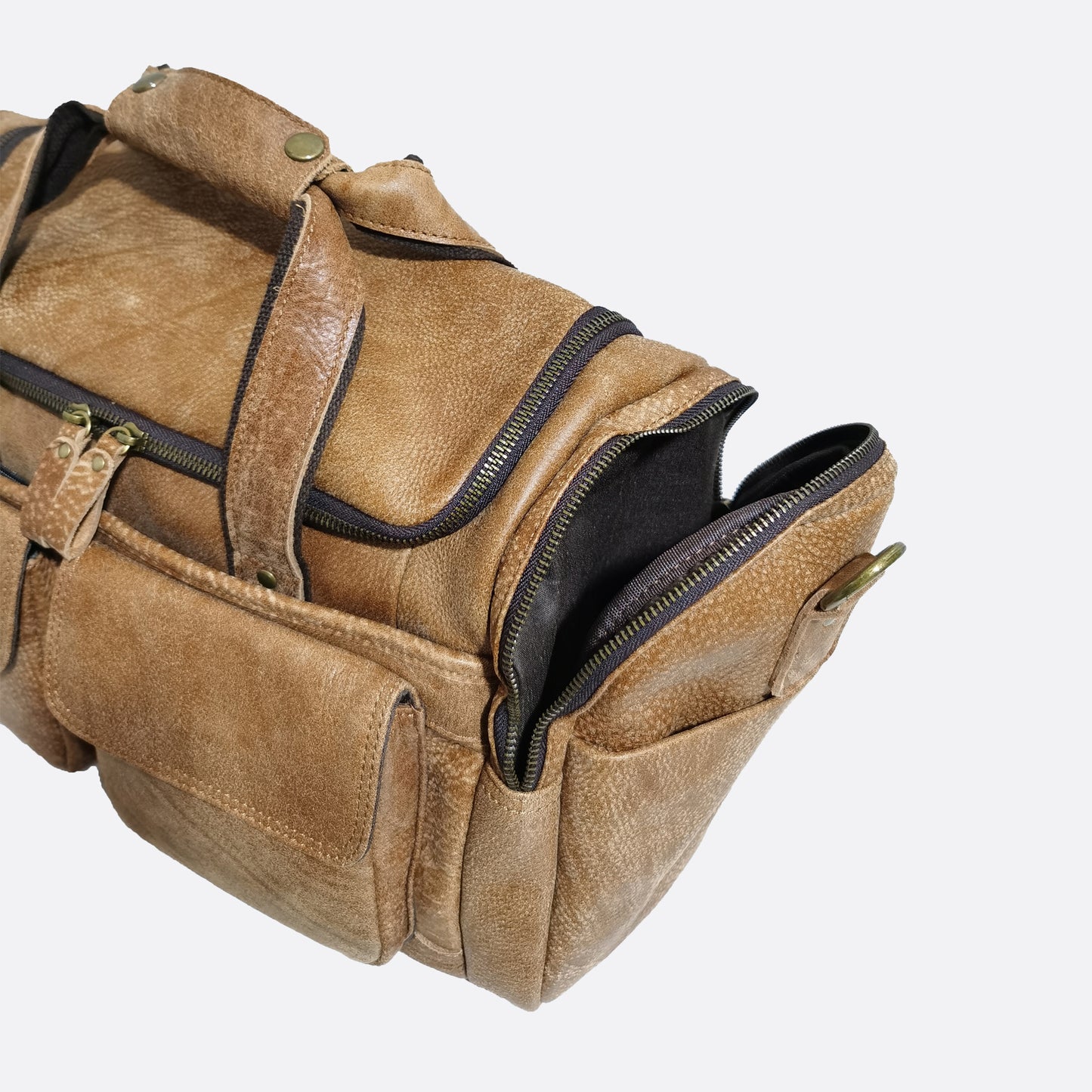 Poches design genuine cowhide leather duffel travel bag with strap