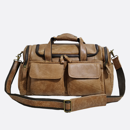 Poches design genuine cowhide leather duffel travel bag with strap