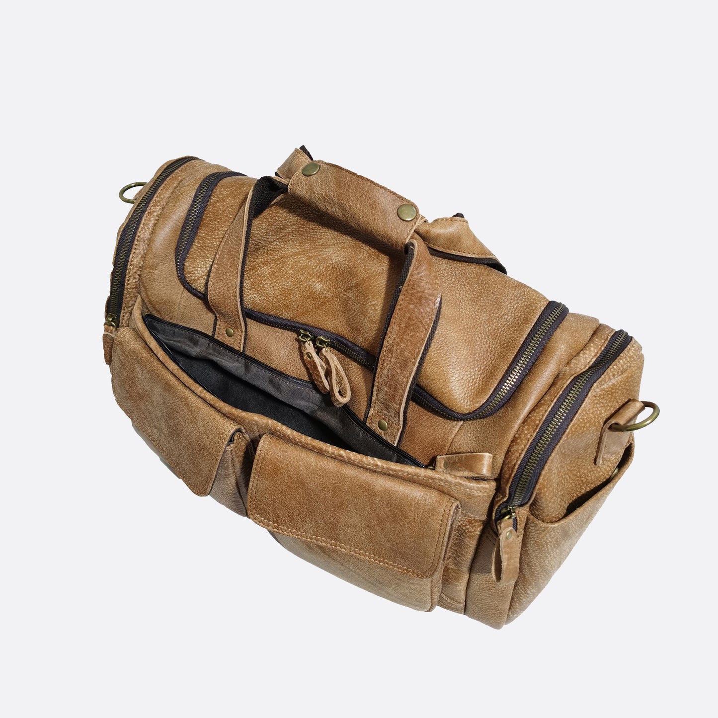 Poches design genuine cowhide leather duffel travel bag with strap