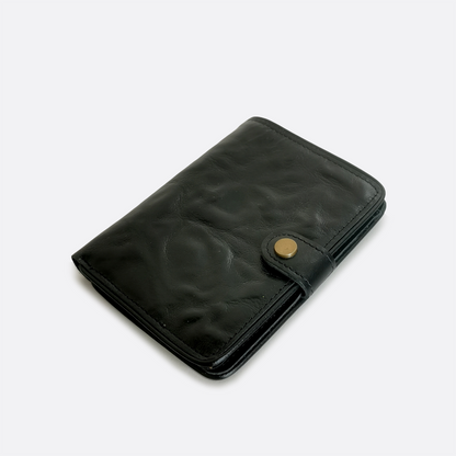 Genuine cowhide leather vertical flap wallet with button