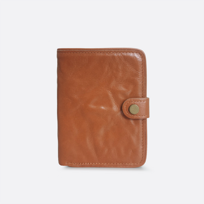 Genuine cowhide leather vertical flap wallet with button