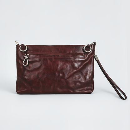 Genuine cowhide leather 2 way hand clutch with sling and wrist strap