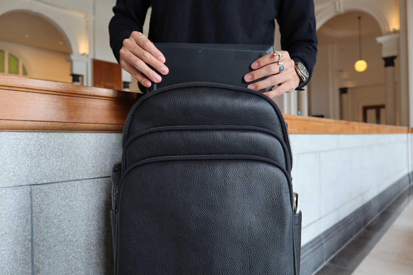 Crescent design genuine cowhide leather backpack with luggage/trolley sleeve