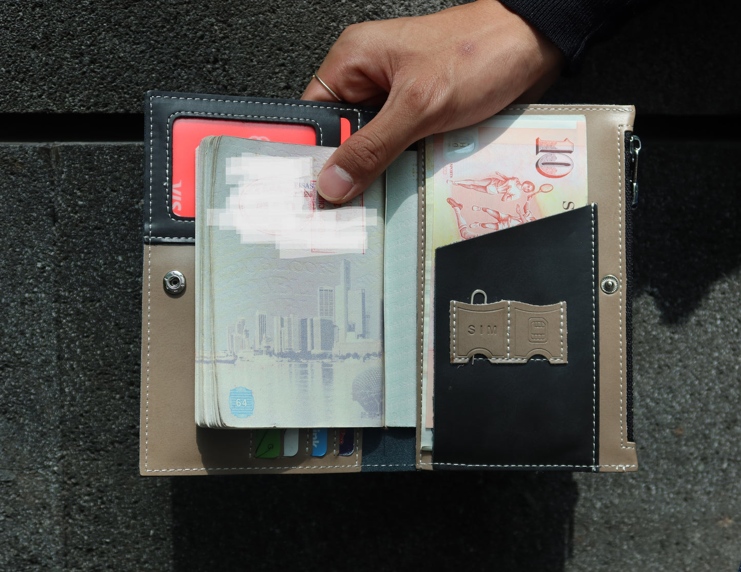 Genuine cowhide leather passport holder travel pouch with snap button