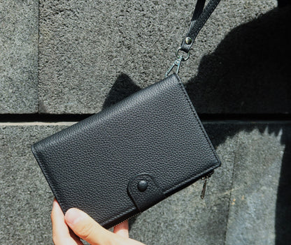 Button design genuine cowhide leather passport holder travel pouch
