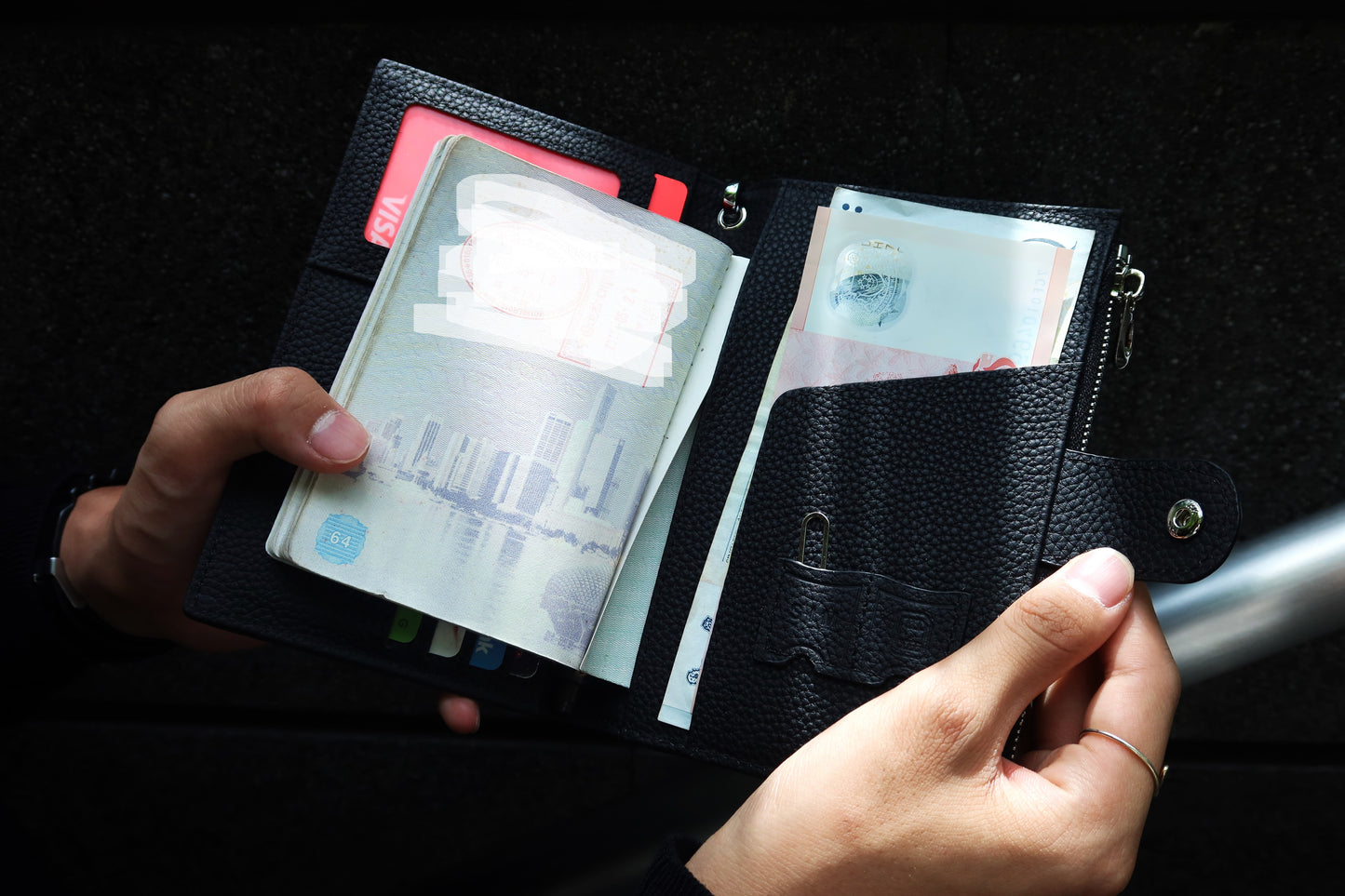 Button design genuine cowhide leather passport holder travel pouch