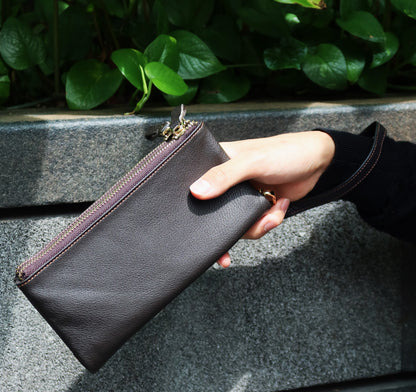 Genuine cowhide leather folded double zip wallet