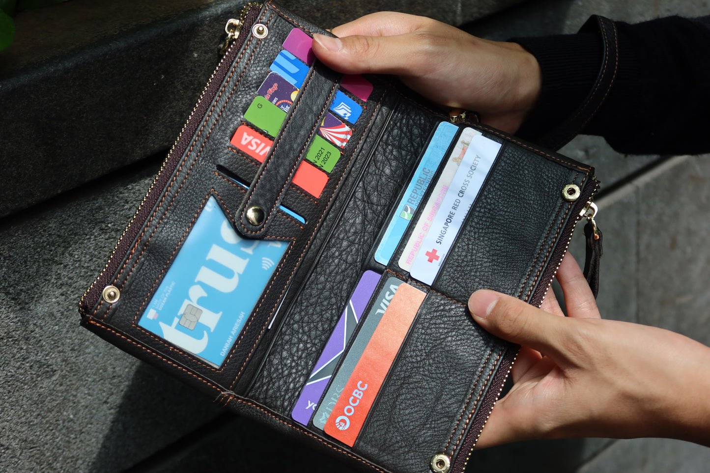 Genuine cowhide leather folded double zip wallet