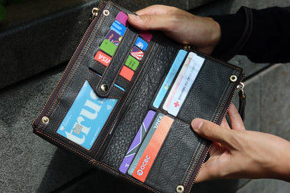Genuine cowhide leather folded double zip wallet