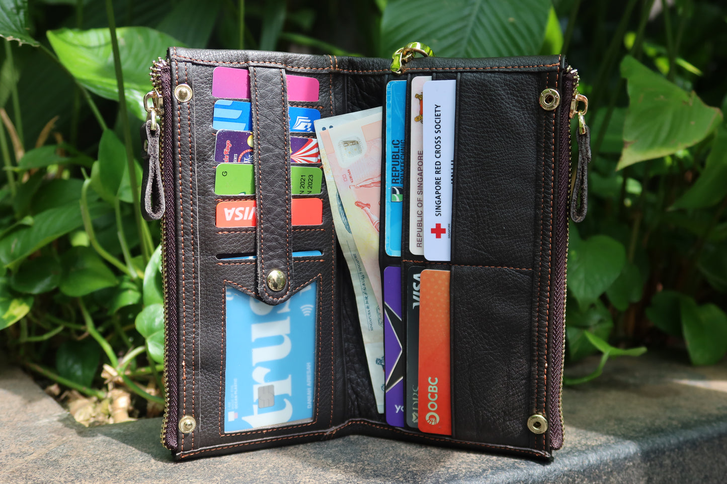 Genuine cowhide leather folded double zip wallet