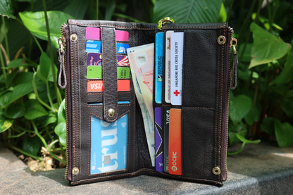 Genuine cowhide leather folded double zip wallet