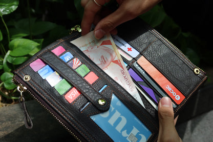 Genuine cowhide leather folded double zip wallet