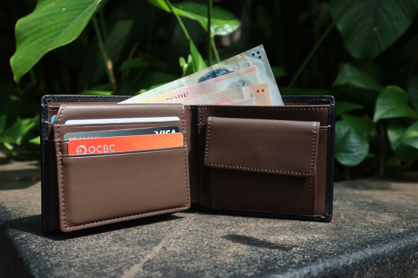Genuine cowhide leather flap wallet with coin pouch