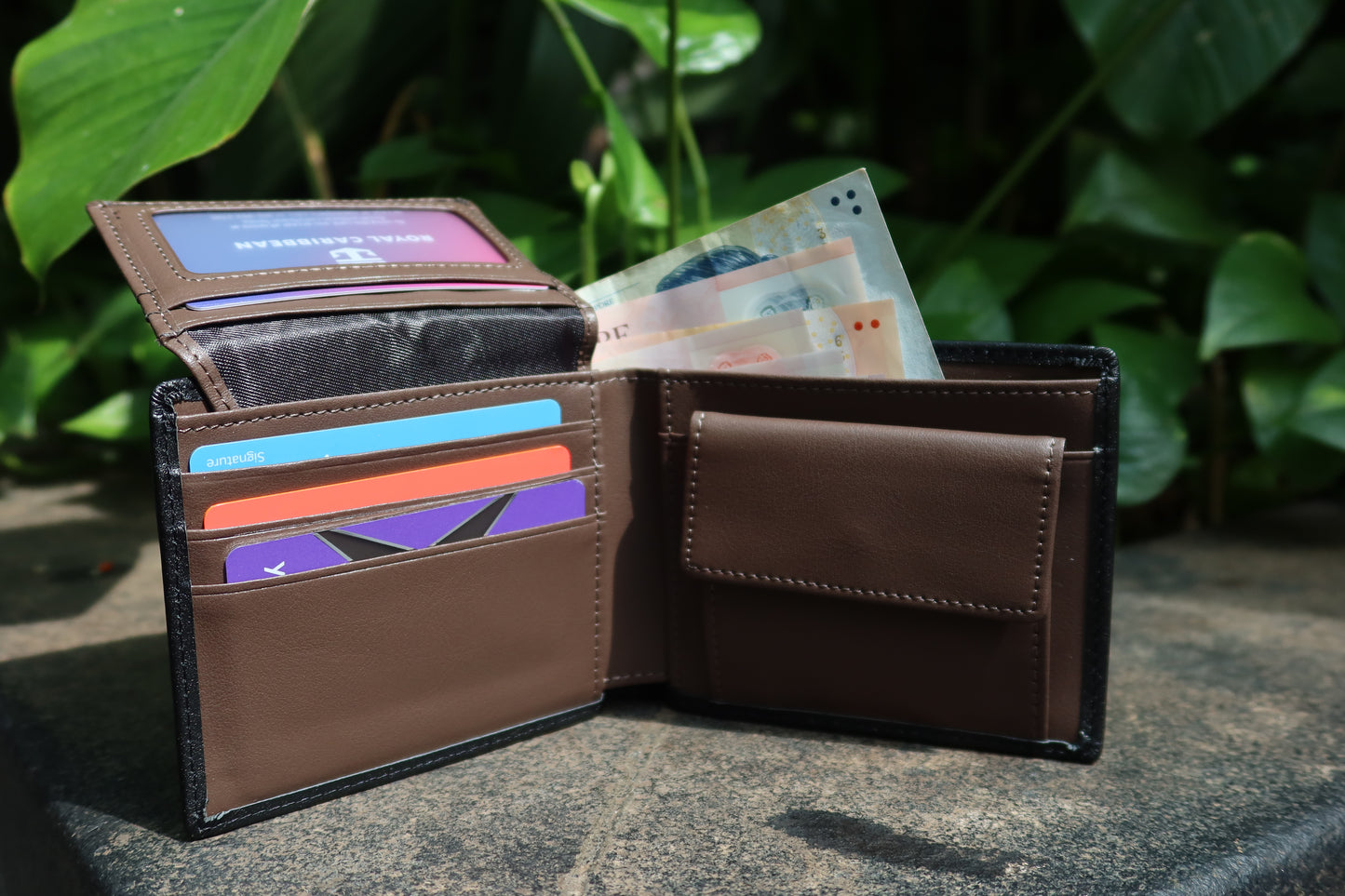 Genuine cowhide leather flap wallet with coin pouch