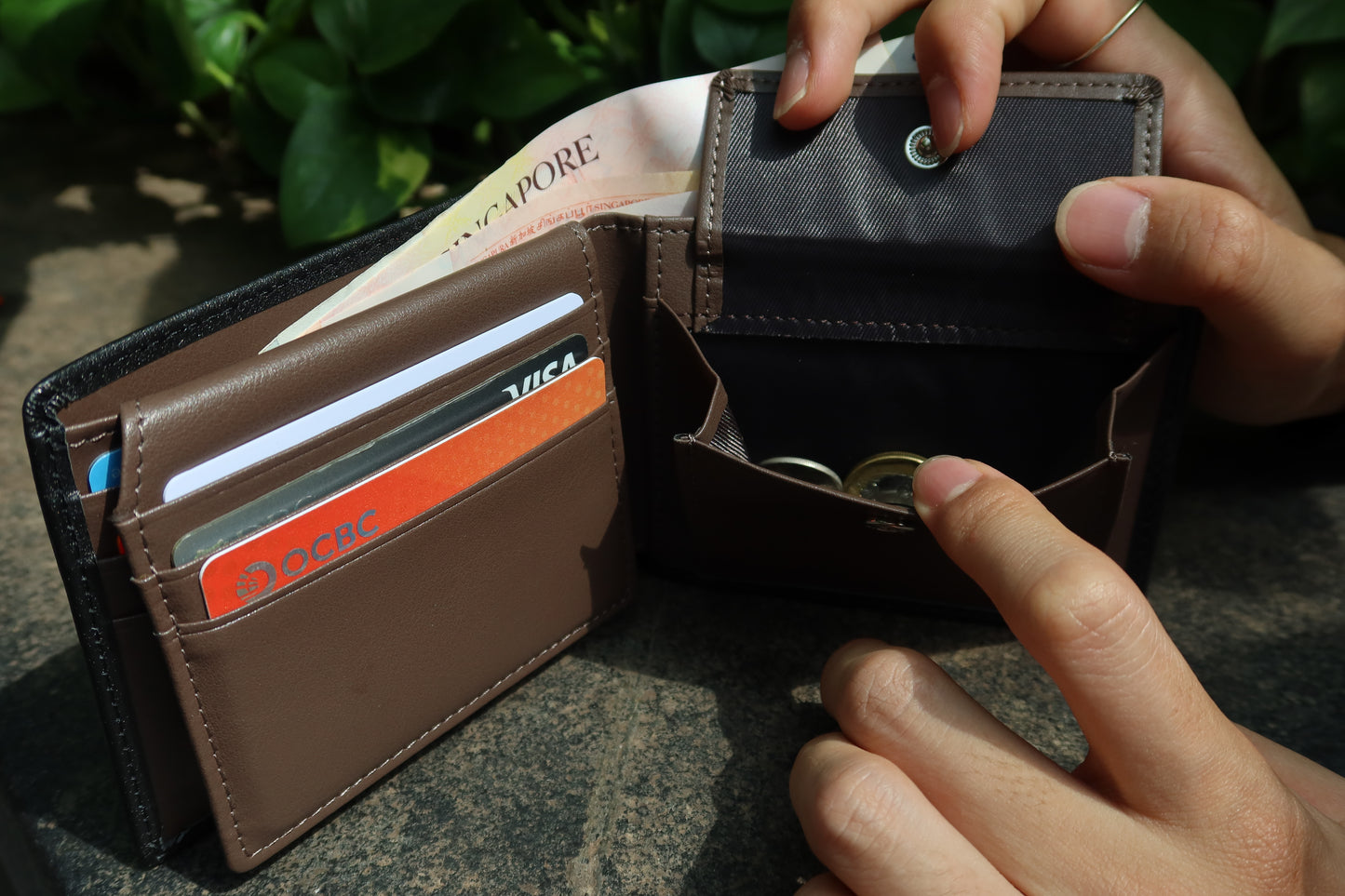 Genuine cowhide leather flap wallet with coin pouch