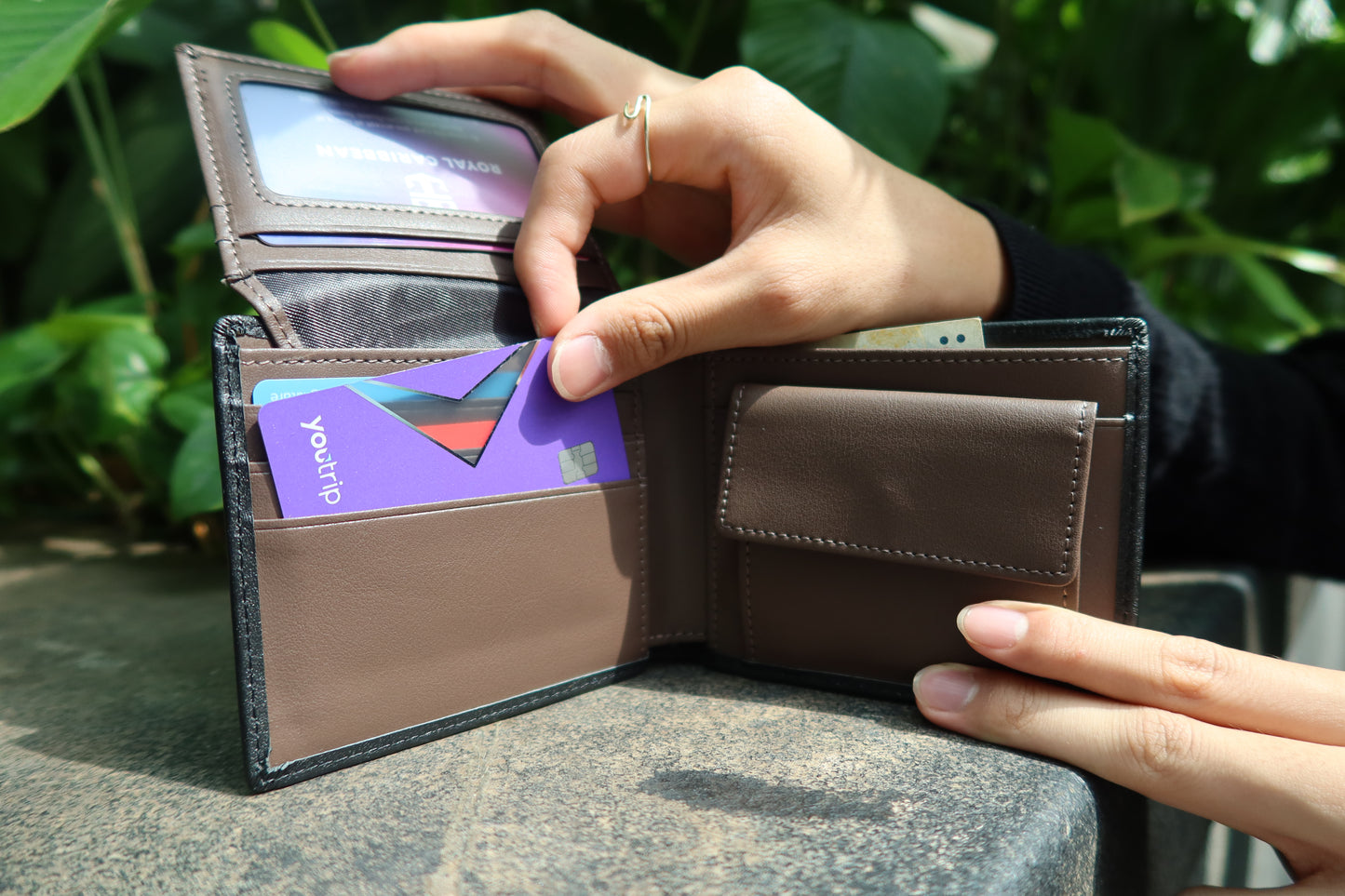 Genuine cowhide leather flap wallet with coin pouch