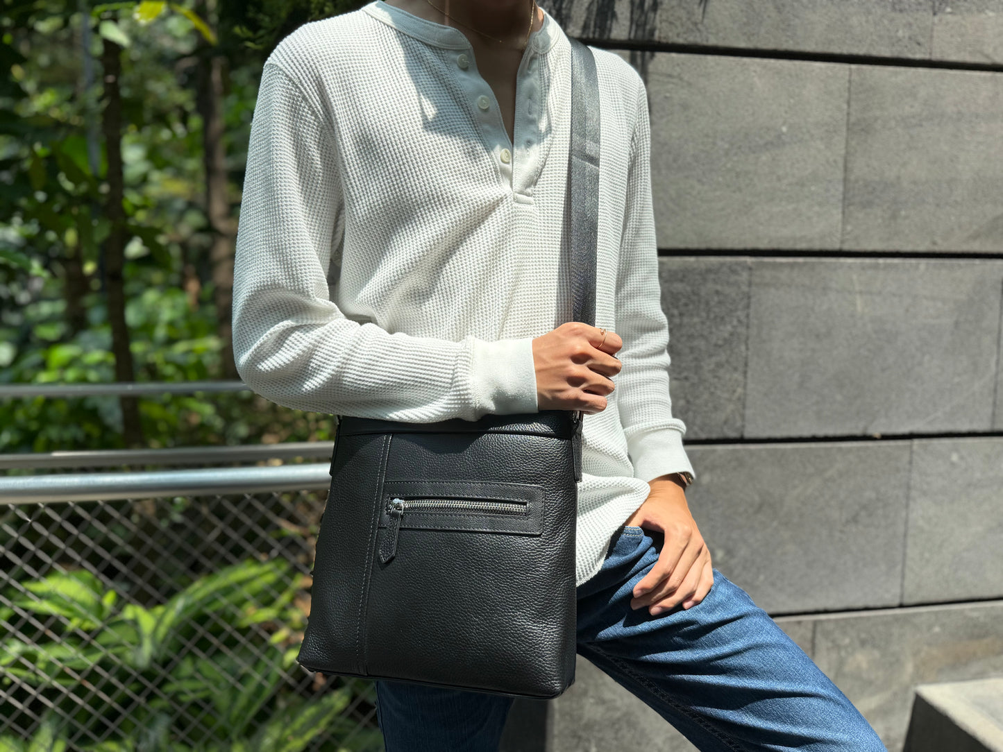 Multi zip design genuine cowhide leather sling bag