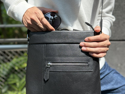 Multi zip design genuine cowhide leather sling bag