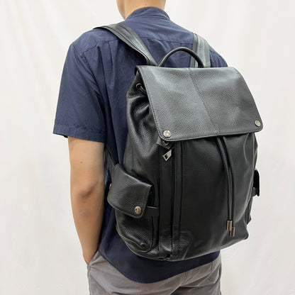 Drawstring flap design genuine cowhide leather backpack