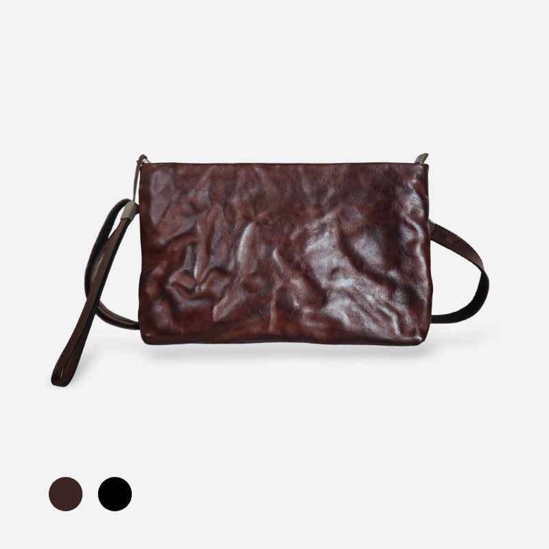 Genuine cowhide leather 2 way hand clutch with sling and wrist strap