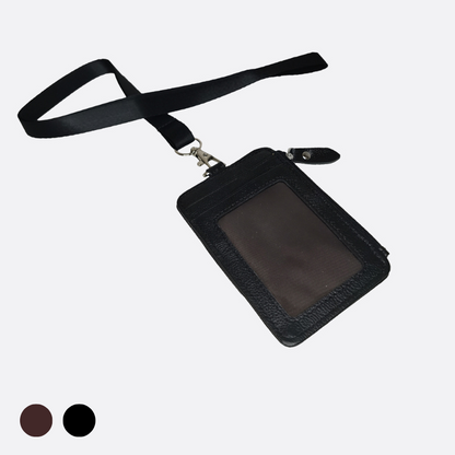 Flap design genuine cowhide leather lanyard with zip and RFID protection