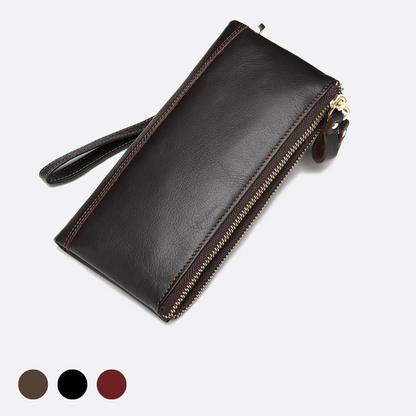 Genuine cowhide leather folded double zip wallet