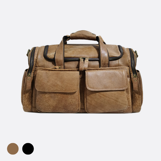 Poches design genuine cowhide leather duffel travel bag with strap