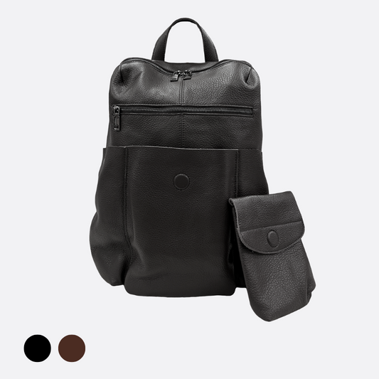 Snap design genuine cowhide leather backpack with strap pouch